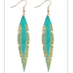 NEW! Fabulous Pierced Earrings Turquoise & Metallic Gold Leather Feather Dangles